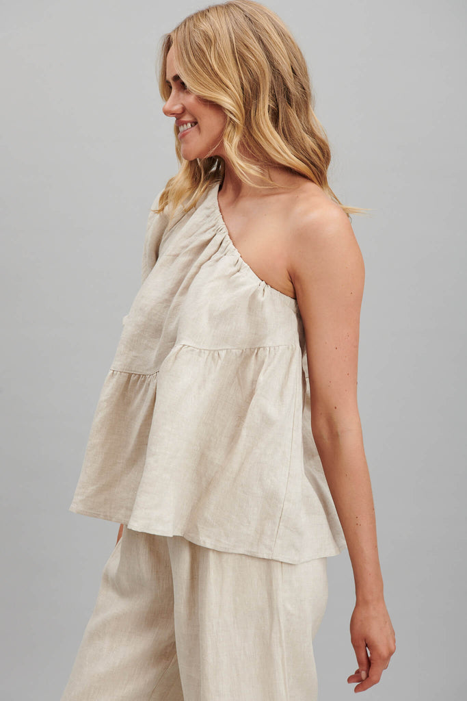 Quest One Shoulder Top In Oatmeal Pure Linen - left side