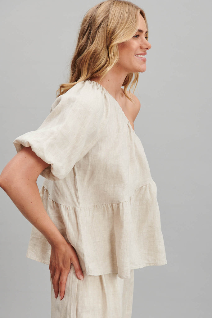 Quest One Shoulder Top In Oatmeal Pure Linen - right side
