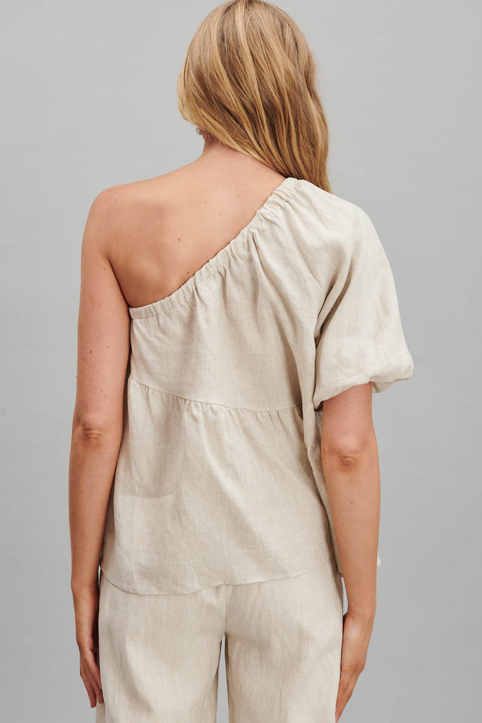 Quest One Shoulder Top In Oatmeal Pure Linen - back