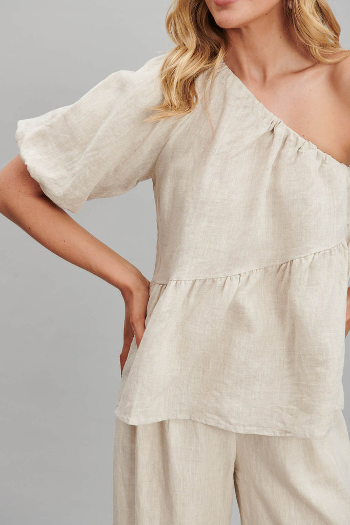 Quest One Shoulder Top In Oatmeal Pure Linen - detail