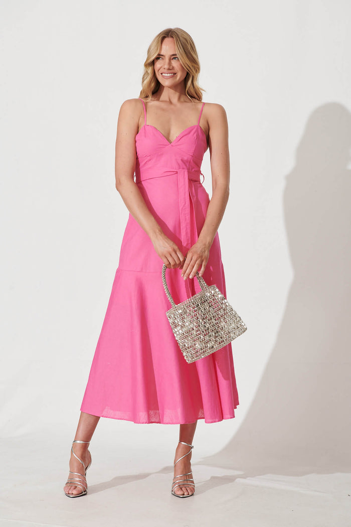 Beachside Maxi Sundress In Pink Cotton Linen - full length