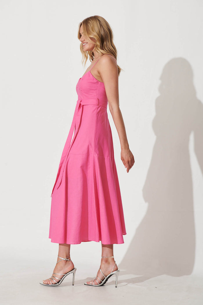 Beachside Maxi Sundress In Pink Cotton Linen - side
