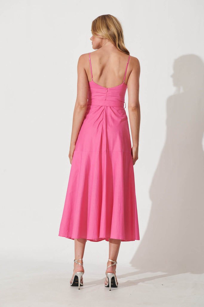 Beachside Maxi Sundress In Pink Cotton Linen - back