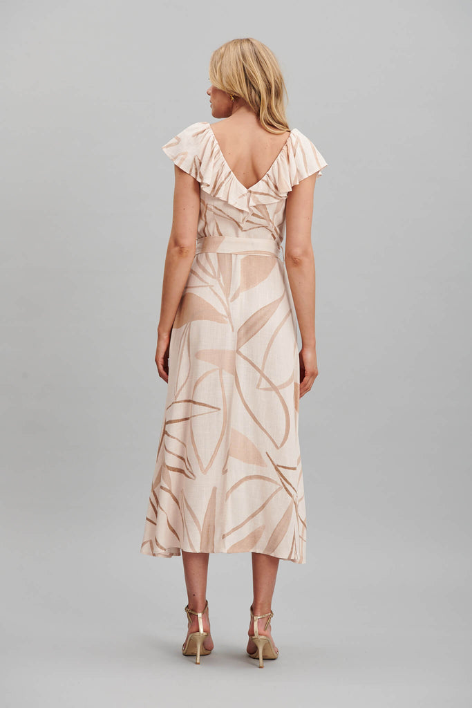 Emotions Maxi Dress In Beige Leaf Print Linen Blend - back