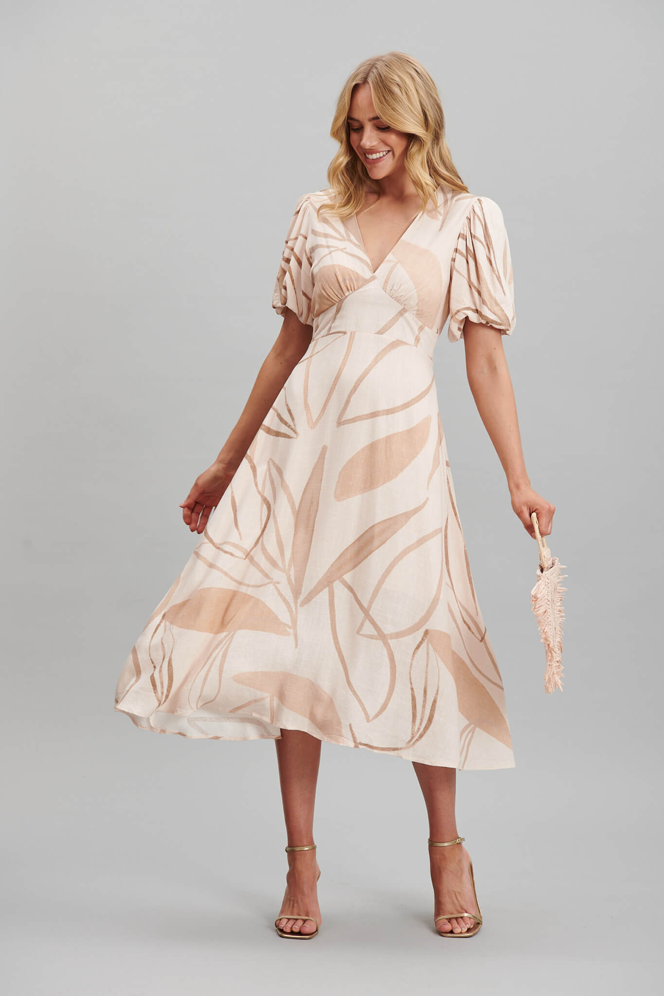 Zeta Midi Dress In Beige Leaf Print Linen Blend - full length
