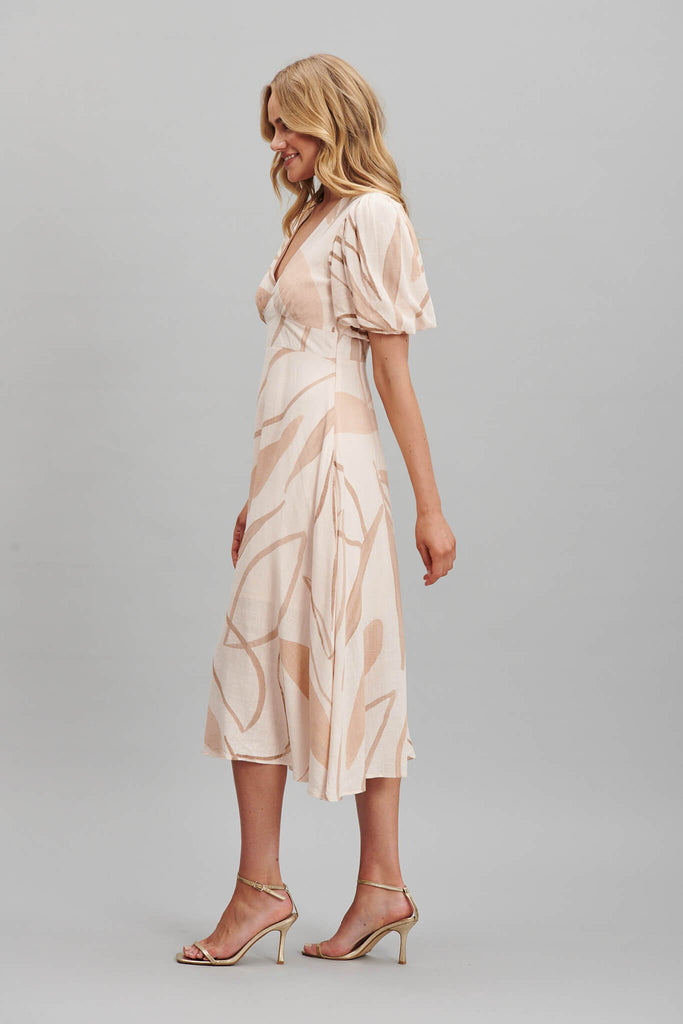 Zeta Midi Dress In Beige Leaf Print Linen Blend - side
