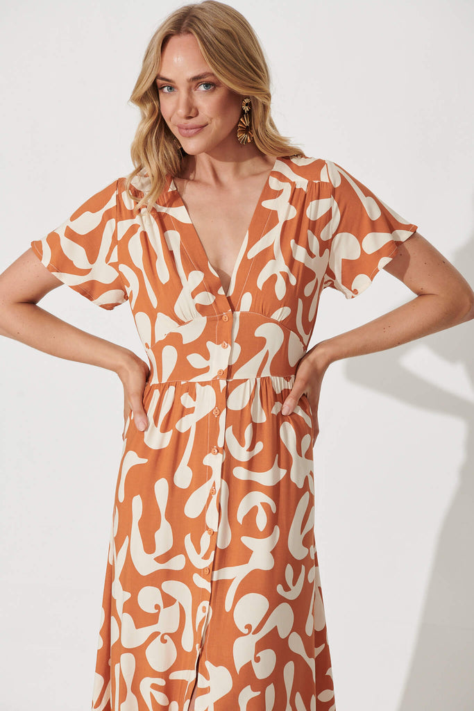 Anthea Midi Dress In Tan With Cream Print - front