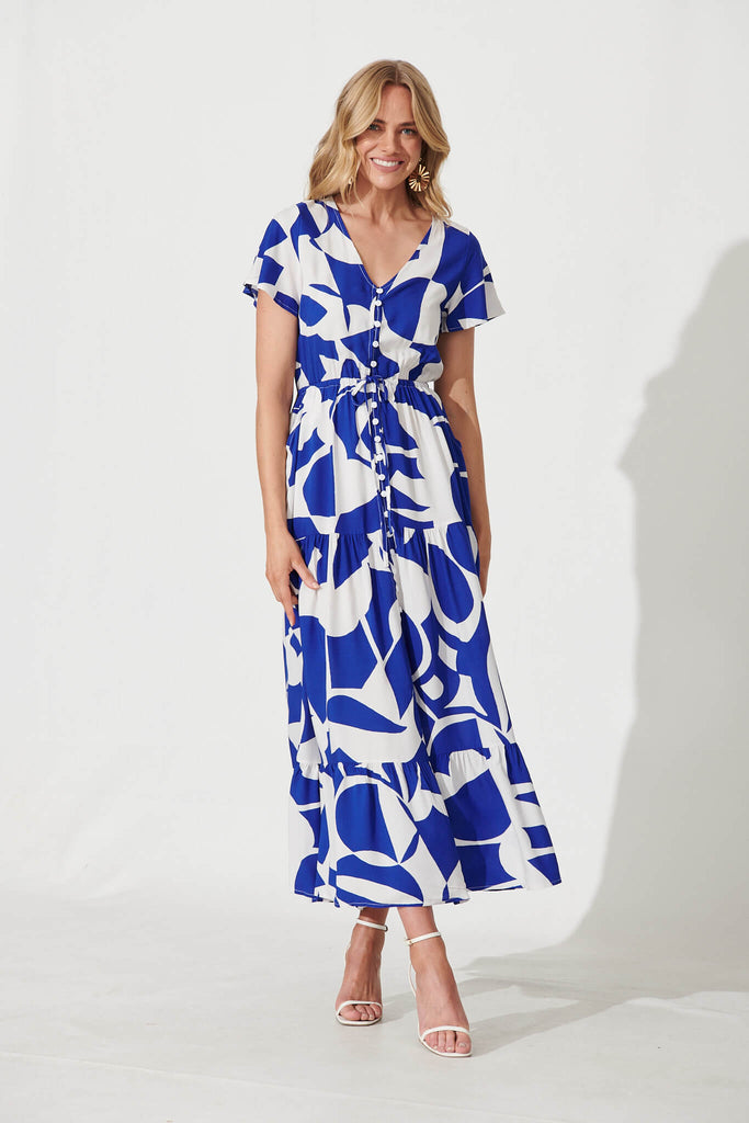 Clairie Maxi Dress In Cobalt With White Geometric Print - full length