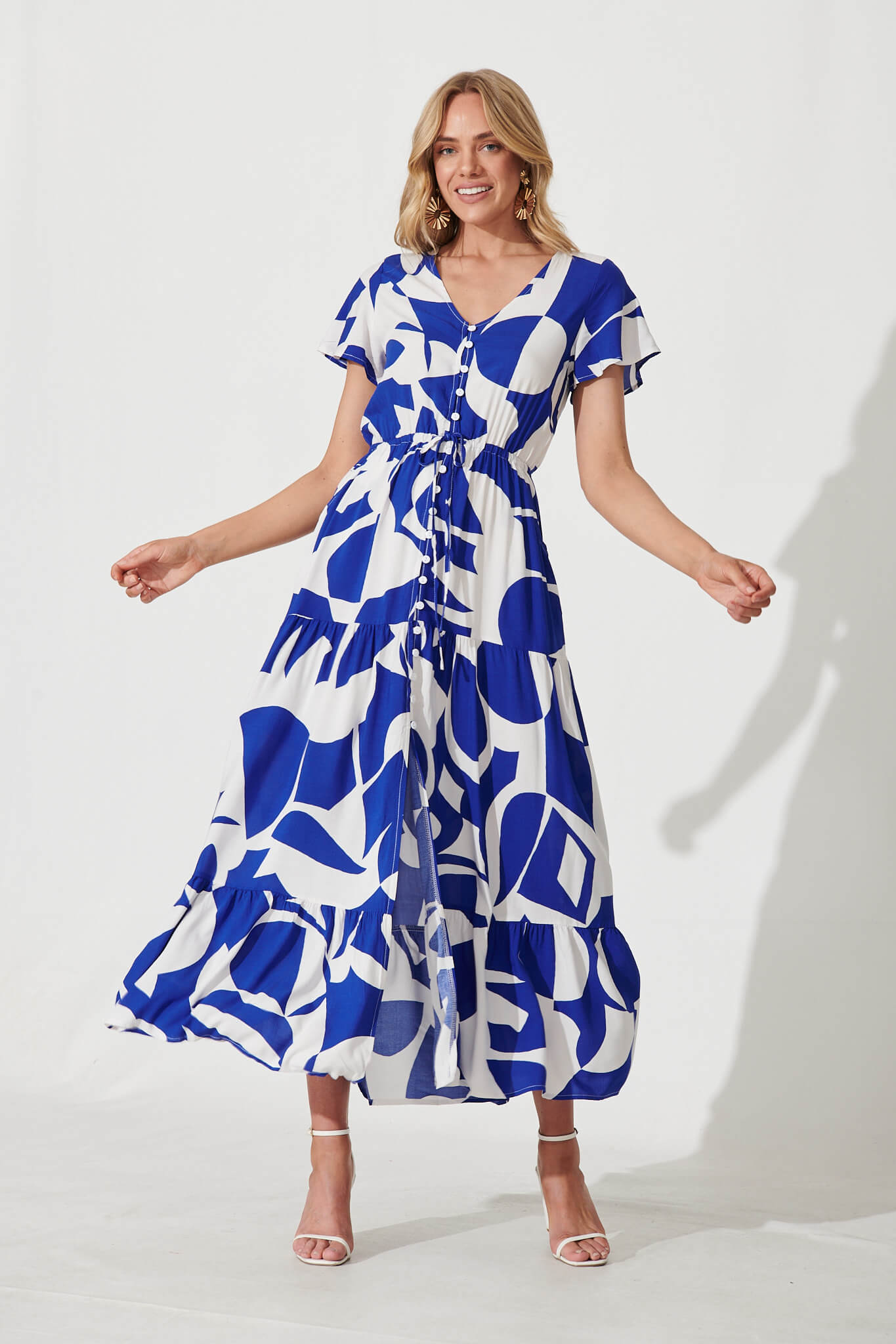 Clairie Maxi Dress In Cobalt With White Geometric Print - full length