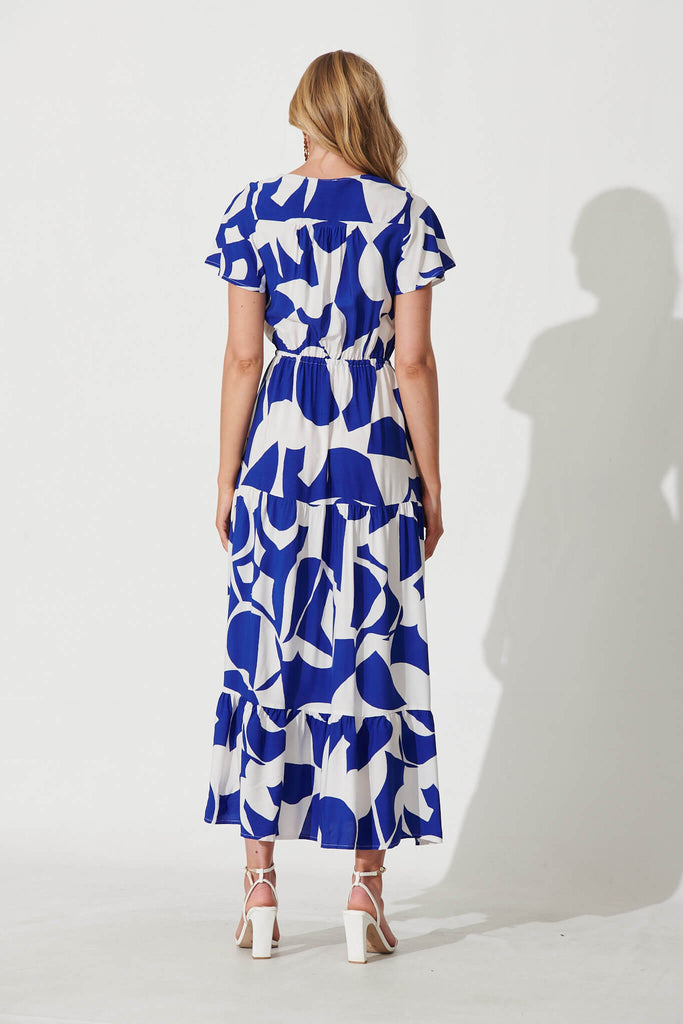 Clairie Maxi Dress In Cobalt With White Geometric Print - back