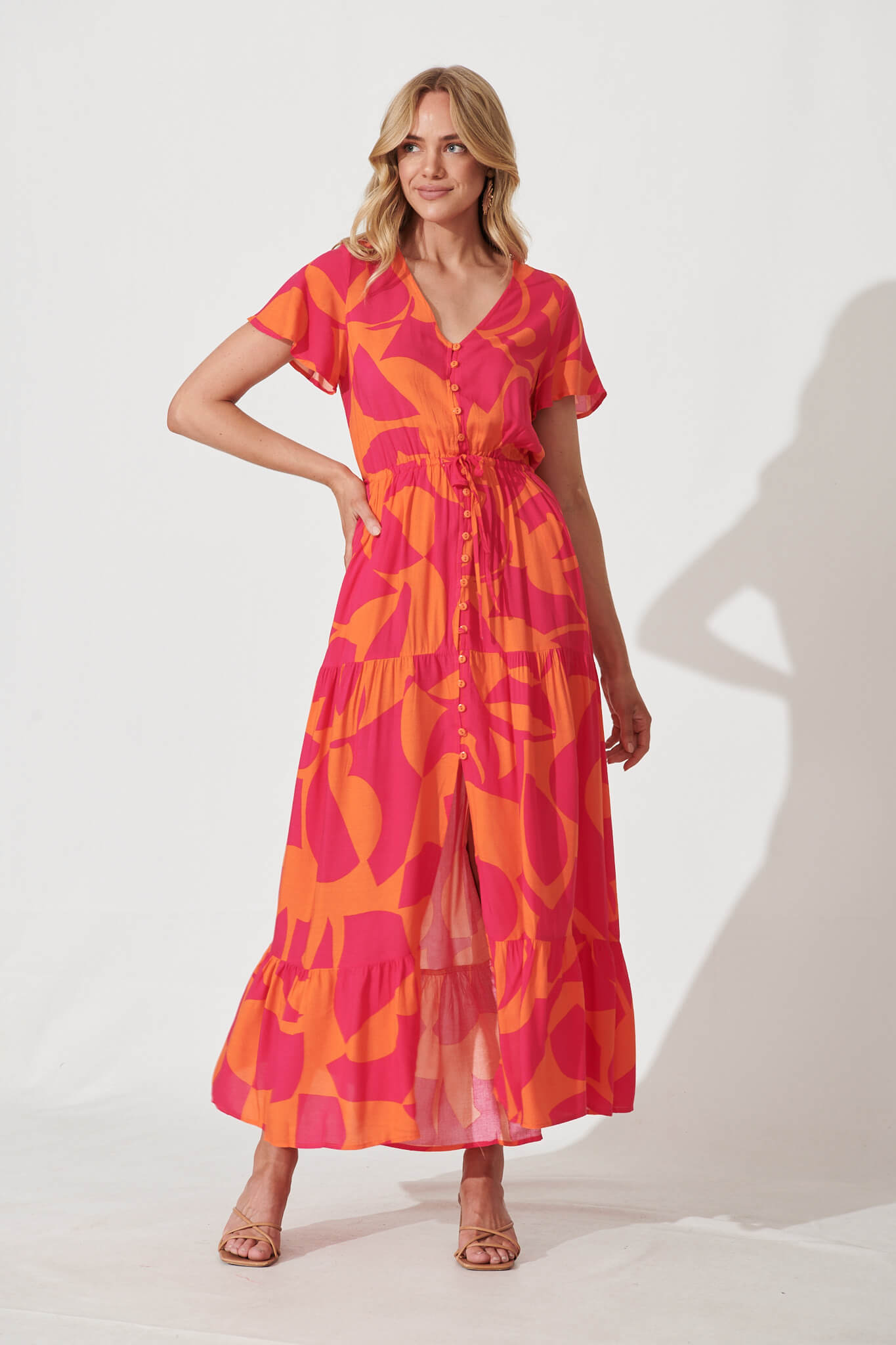 Clairie Maxi Dress In Tangerine With Pink Print - full length