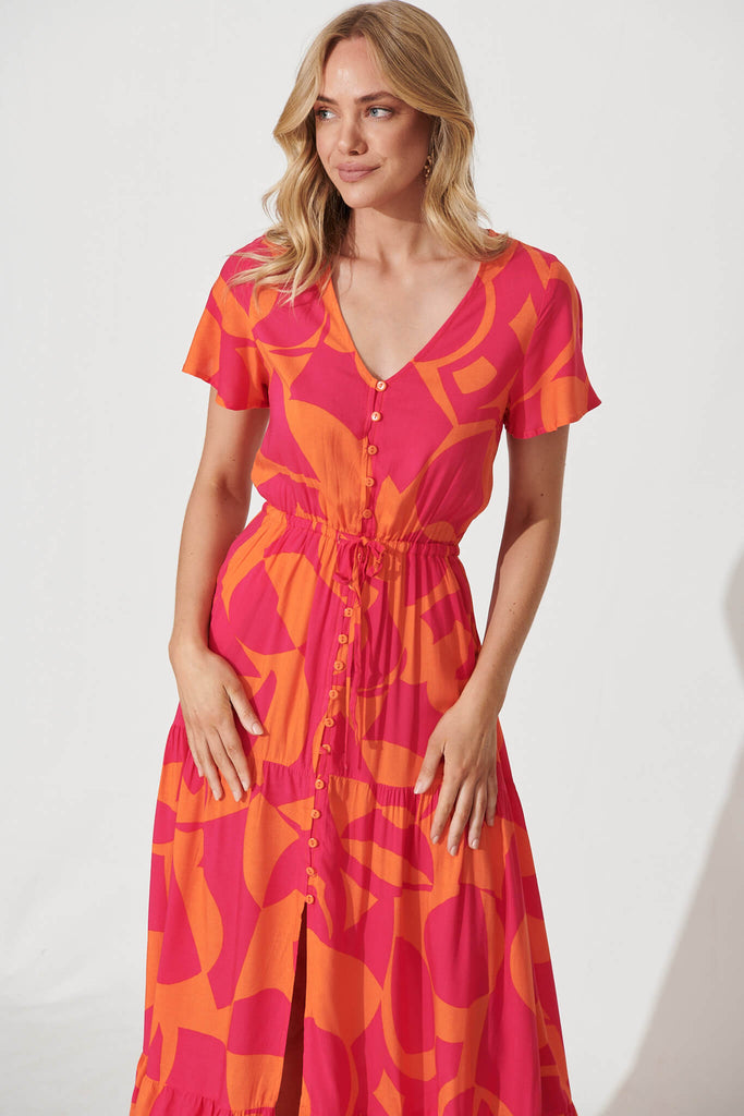 Clairie Maxi Dress In Tangerine With Pink Print - front