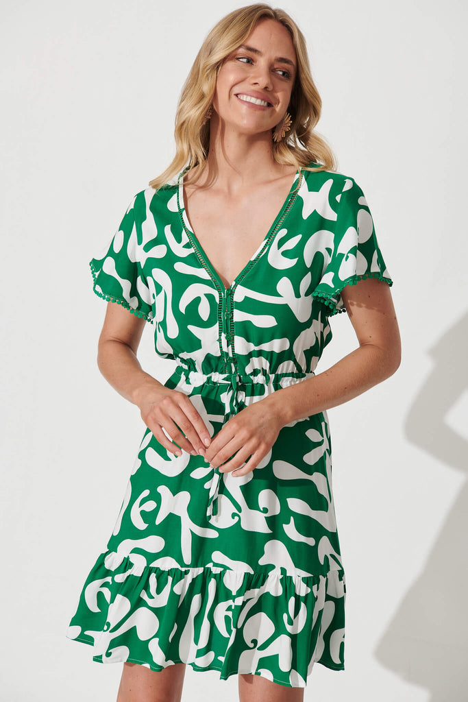 Tara Dress In Green With White Print - front