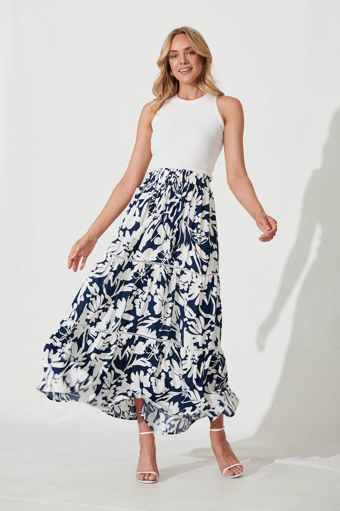 Freedom Maxi Skirt In Navy With White Floral Print - full length