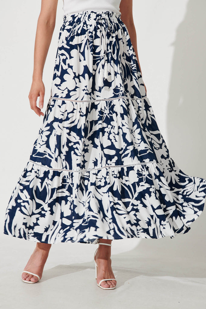 Freedom Maxi Skirt In Navy With White Floral Print - front