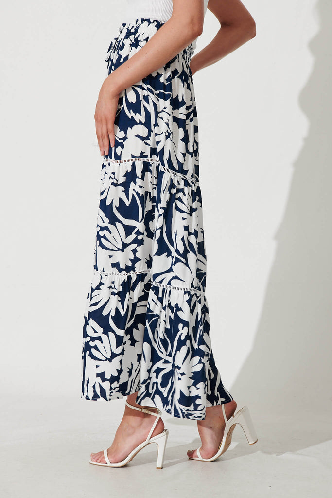 Freedom Maxi Skirt In Navy With White Floral Print - side
