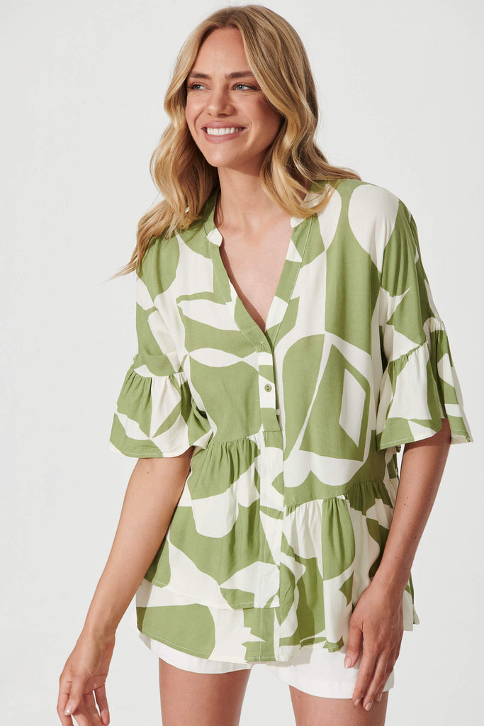 Relia Top In Olive And Cream Geometric Print - front