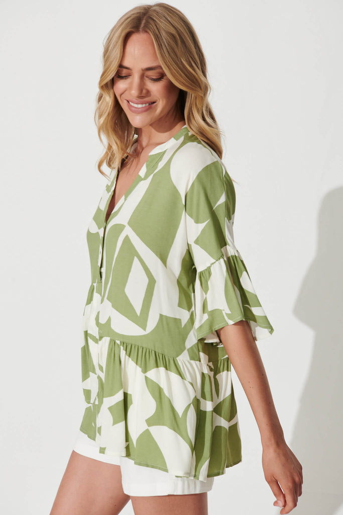 Relia Top In Olive And Cream Geometric Print - side