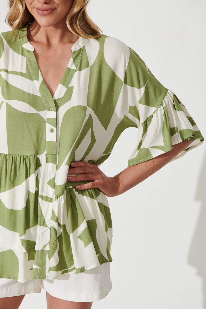 Relia Top In Olive And Cream Geometric Print - detail