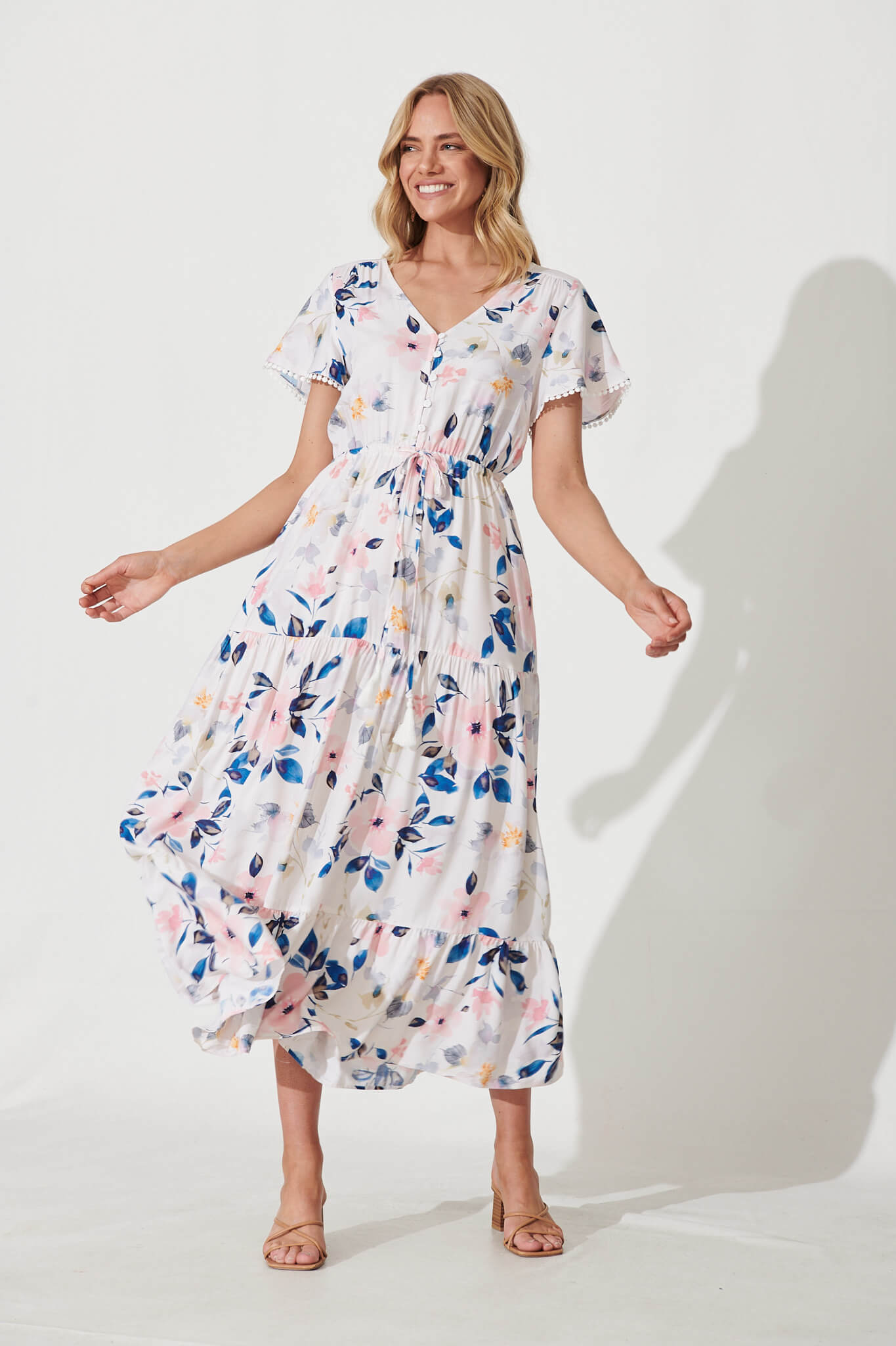Yara Maxi Dress In White With Pink Watercolour Floral - full length
