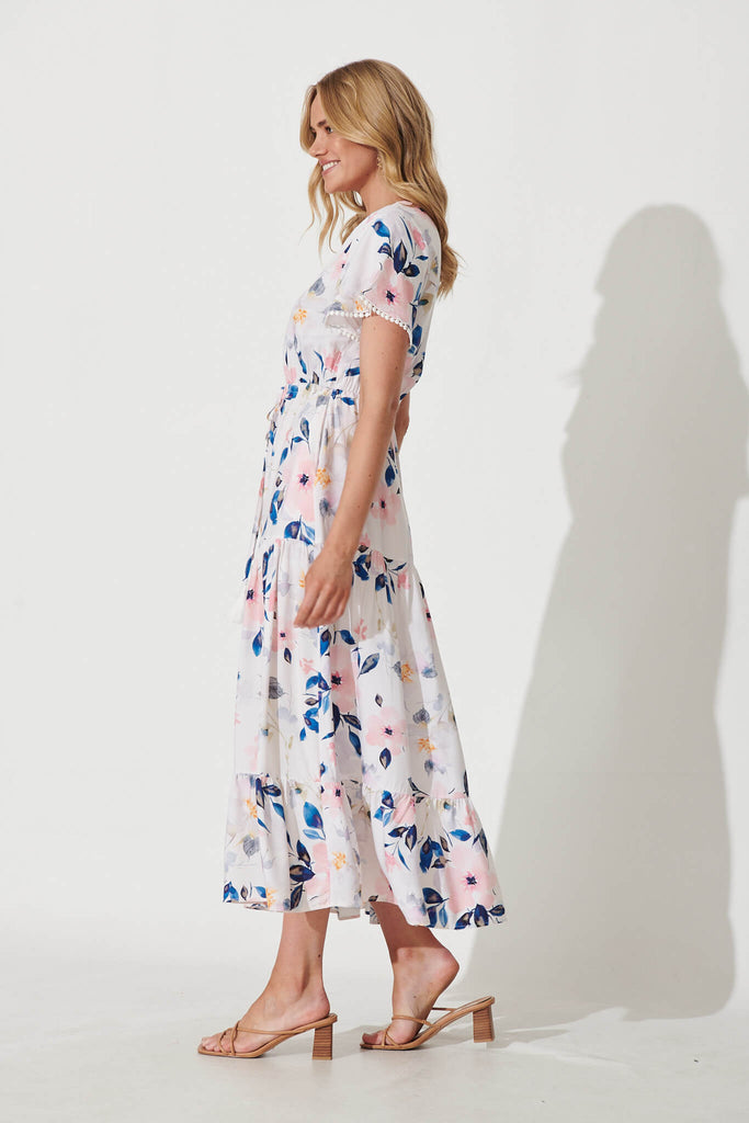 Yara Maxi Dress In White With Pink Watercolour Floral - side