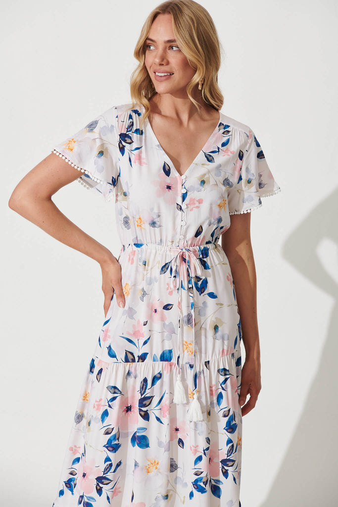Yara Maxi Dress In White With Pink Watercolour Floral - front
