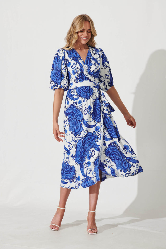 Nomi Midi Wrap Dress In White With Cobalt Print Linen Blend - full length