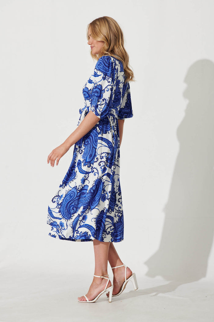 Nomi Midi Wrap Dress In White With Cobalt Print Linen Blend - side