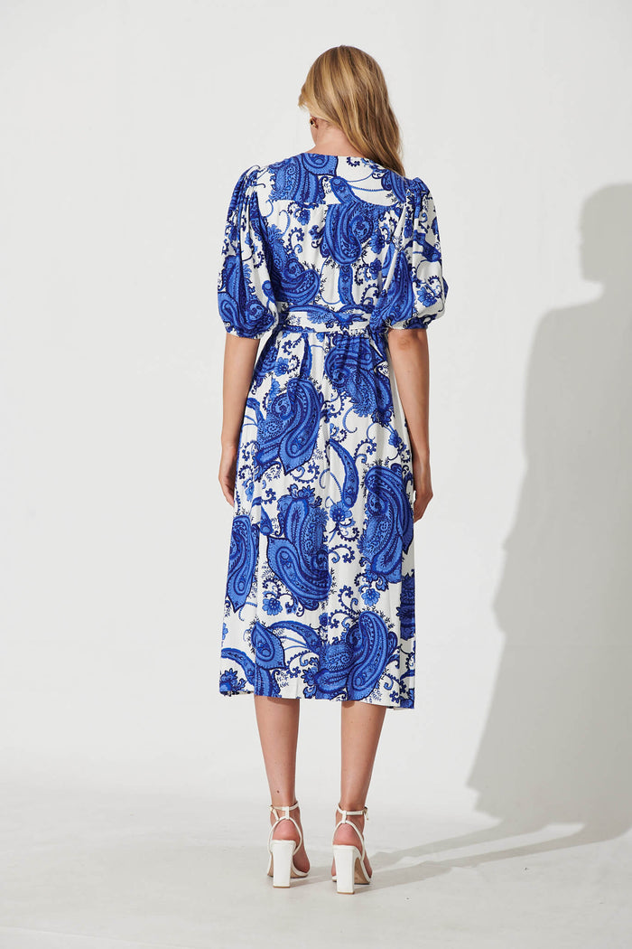 Nomi Midi Wrap Dress In White With Cobalt Print Linen Blend - back