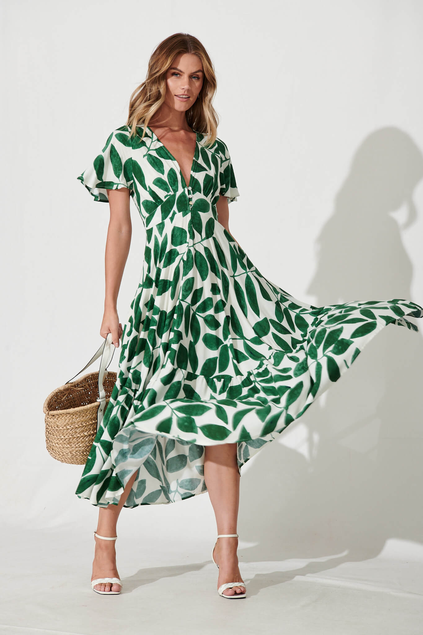 Nevada Maxi Dress In Cream With Green Leaf Print - full length