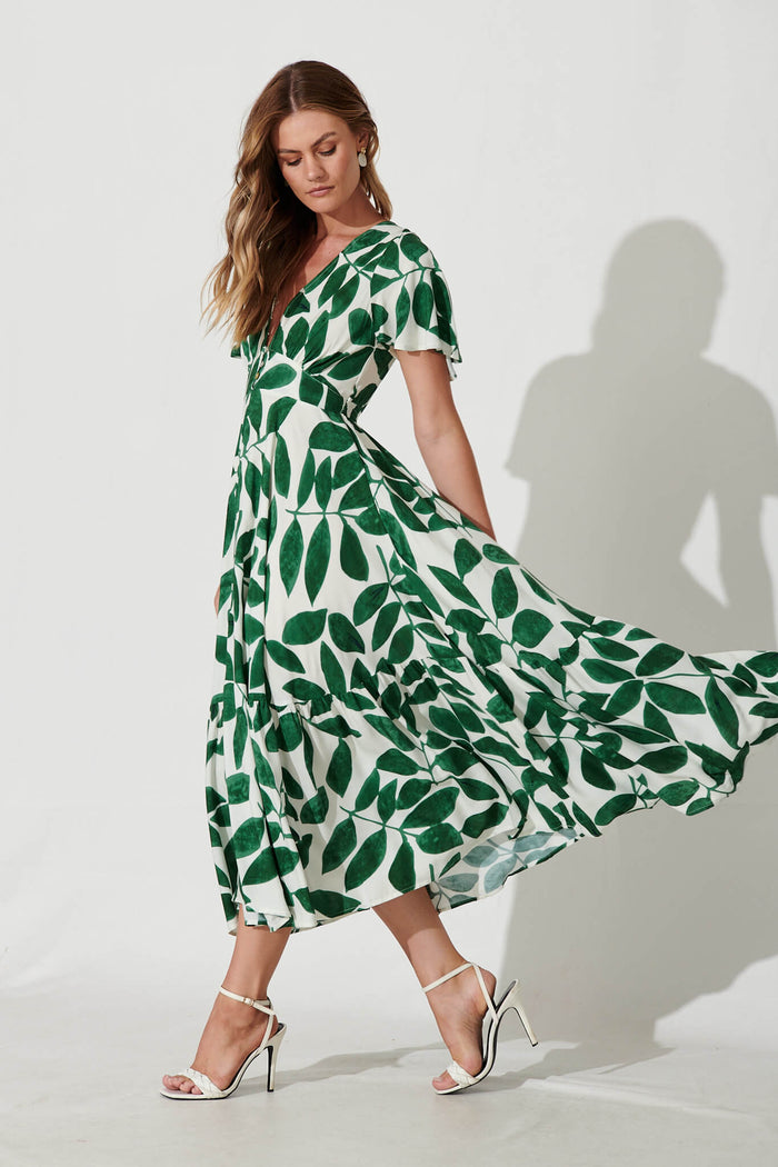 Nevada Maxi Dress In Cream With Green Leaf Print St Frock Nevada Maxi Dress In Cream With Green Leaf Print St Frock