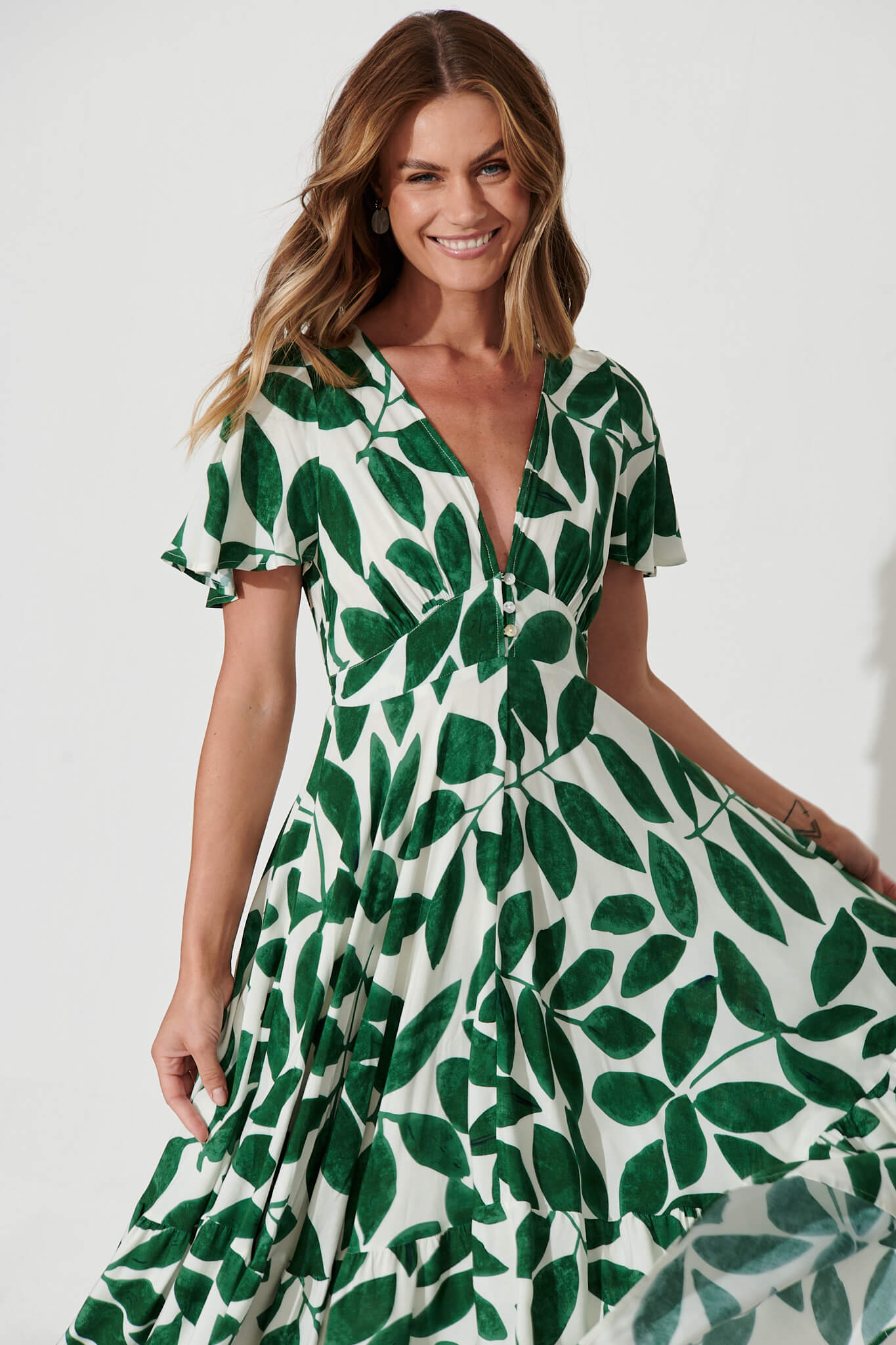 Nevada Maxi Dress In Cream With Green Leaf Print St Frock Nevada Maxi Dress In Cream With Green Leaf Print St Frock