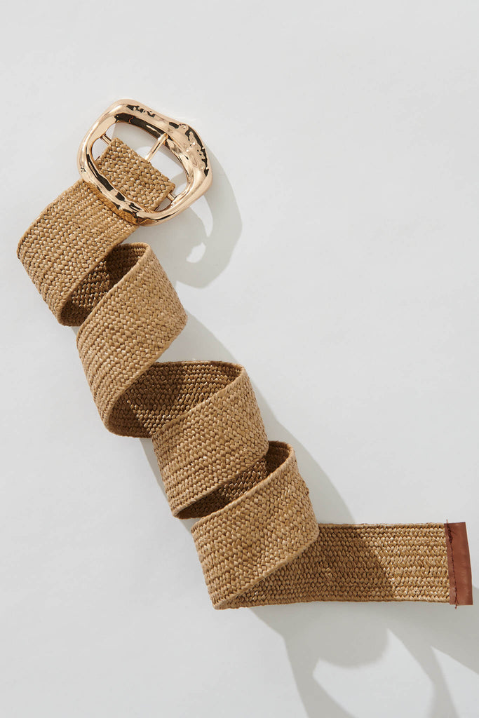 August + Delilah Taryn Stretch Belt In Brown With Gold Buckle - flatlay