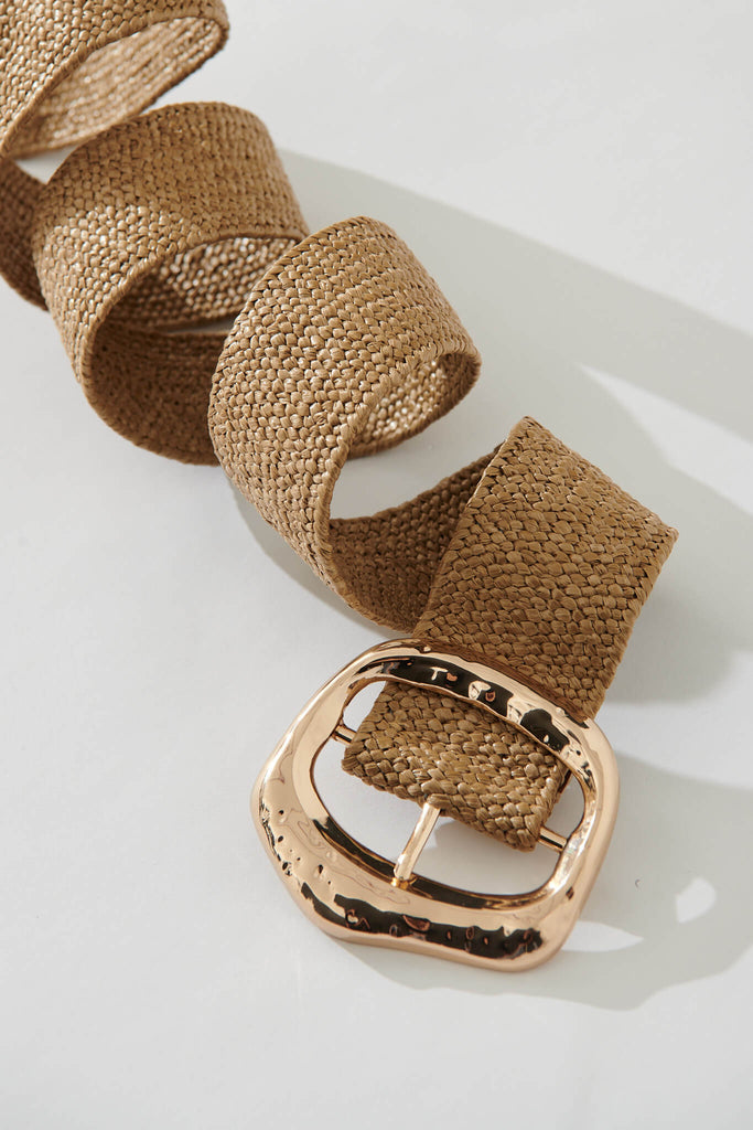 August + Delilah Taryn Stretch Belt In Brown With Gold Buckle - detail