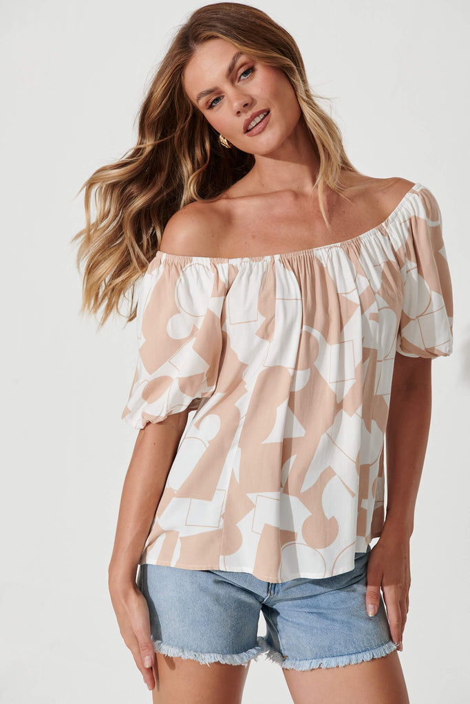 Rossa Top In Beige And White Geometric Print - front