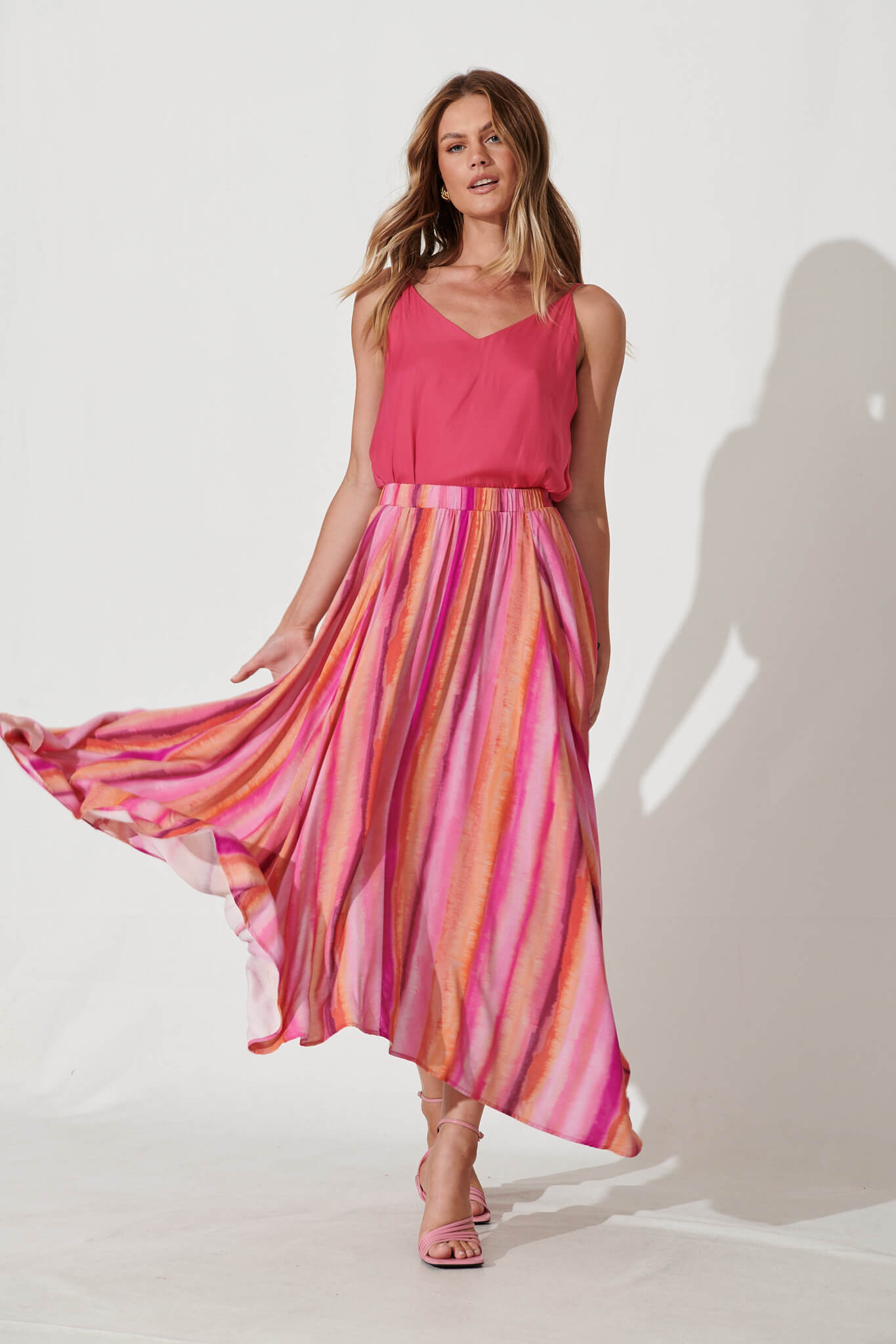 Lorenzo Maxi Skirt In Pink With Orange Stripe - full length