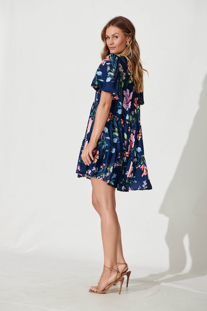 Chantellia Smock Dress In Navy With Multi Floral Print - side