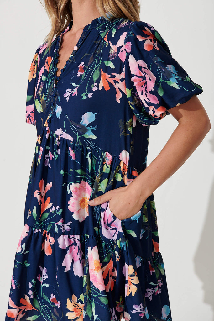Chantellia Smock Dress In Navy With Multi Floral Print - detail