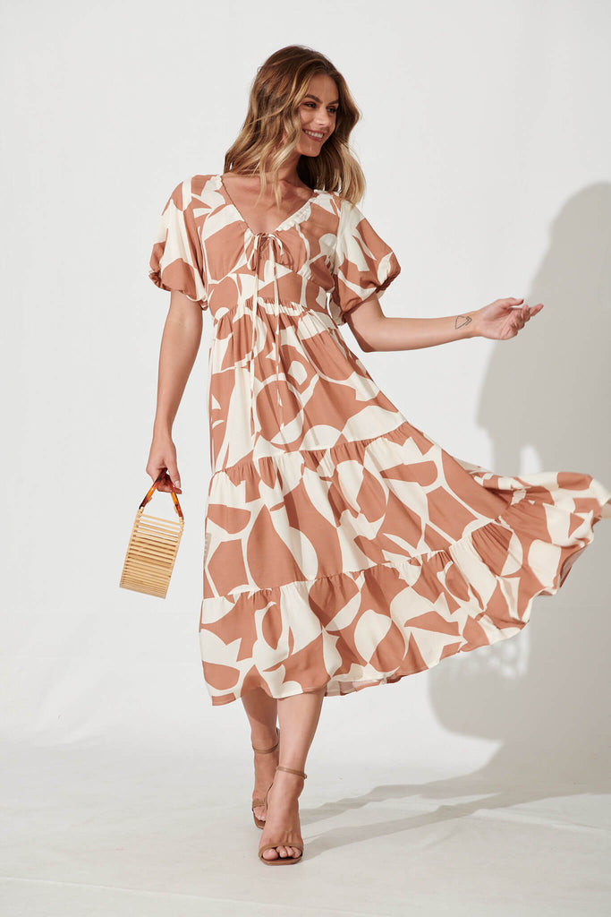 Julia Midi Dress In Tan With Cream Geometric Print - full length