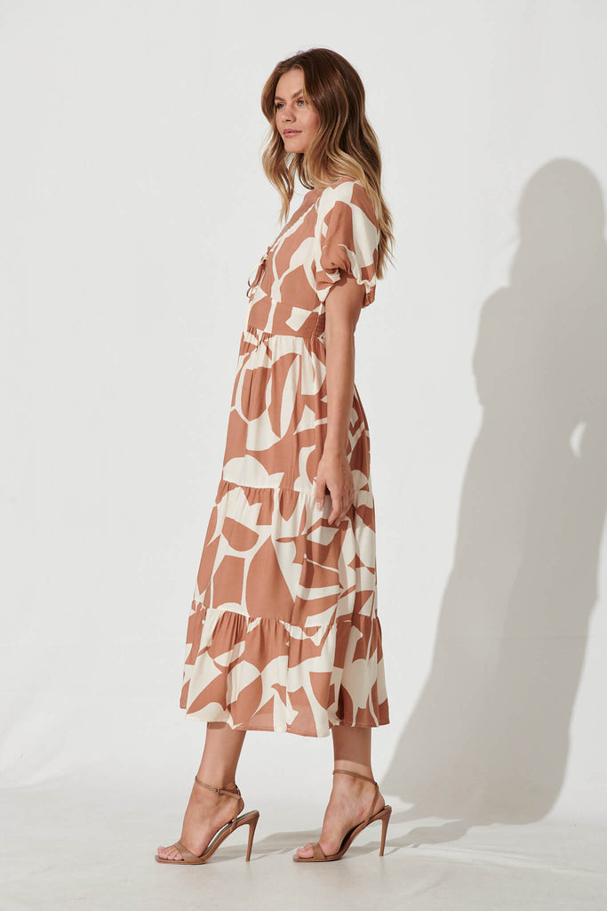 Julia Midi Dress In Tan With Cream Geometric Print - side