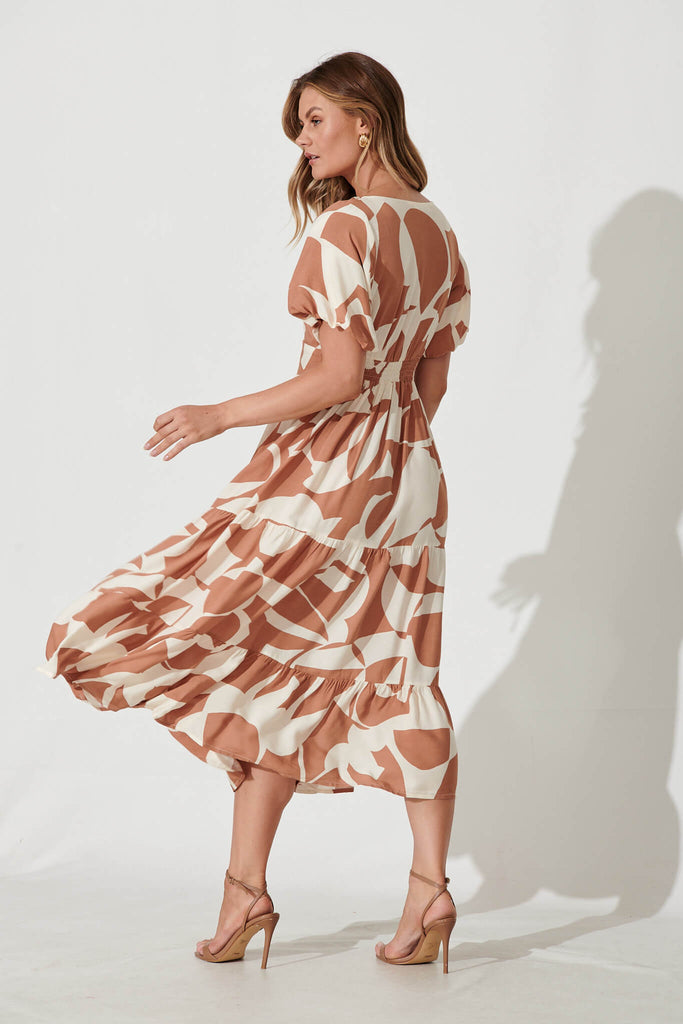 Julia Midi Dress In Tan With Cream Geometric Print - back