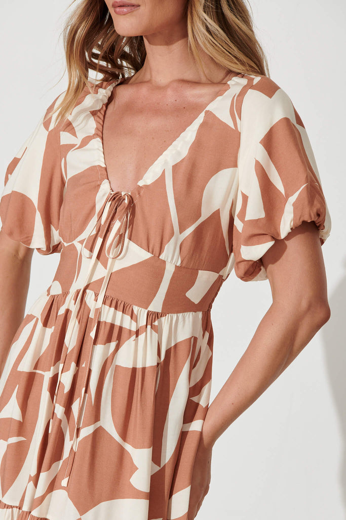 Julia Midi Dress In Tan With Cream Geometric Print - detail