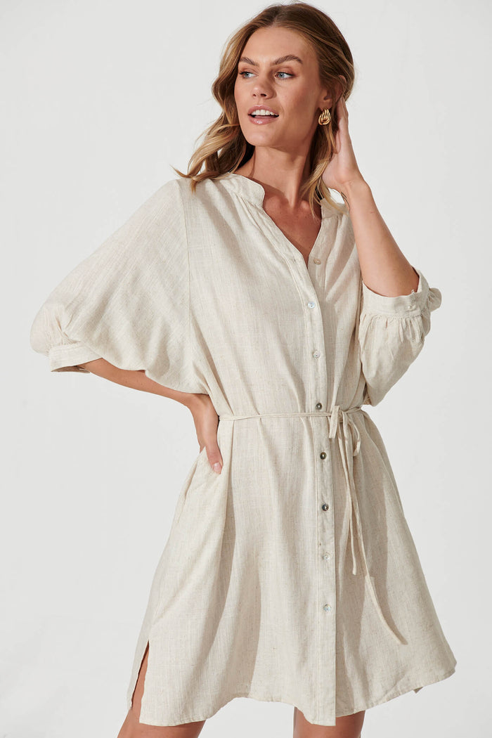 Vanuatu Shirt Dress In Oatmeal Linen Blend - front