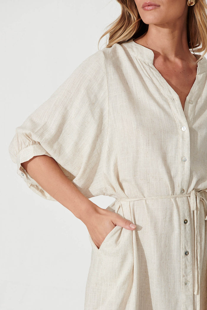 Vanuatu Shirt Dress In Oatmeal Linen Blend - detail