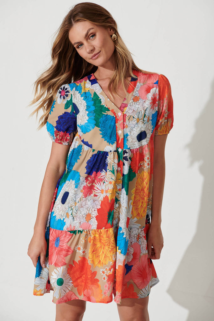 Annie Smock Dress In Bright Multi Floral Cotton Blend - front