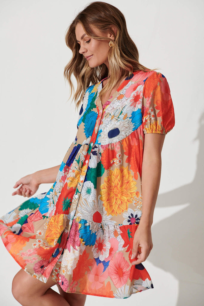 Annie Smock Dress In Bright Multi Floral Cotton Blend - detail