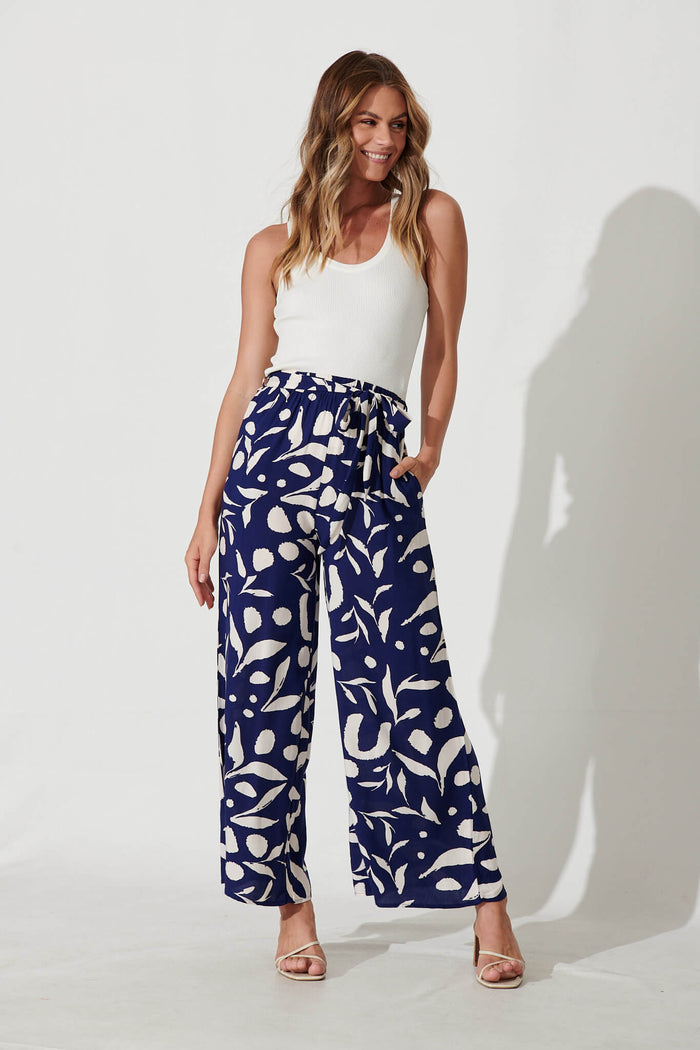 Mackillop Pant In Navy With Cream Leaf Print - full length