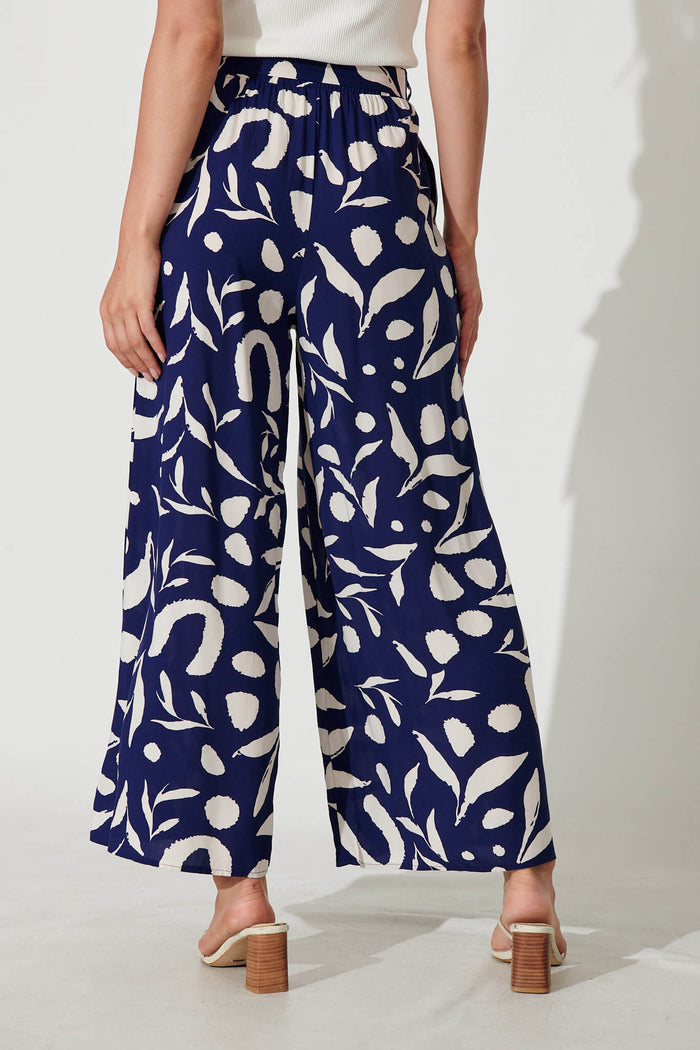 Mackillop Pant In Navy With Cream Leaf Print - back
