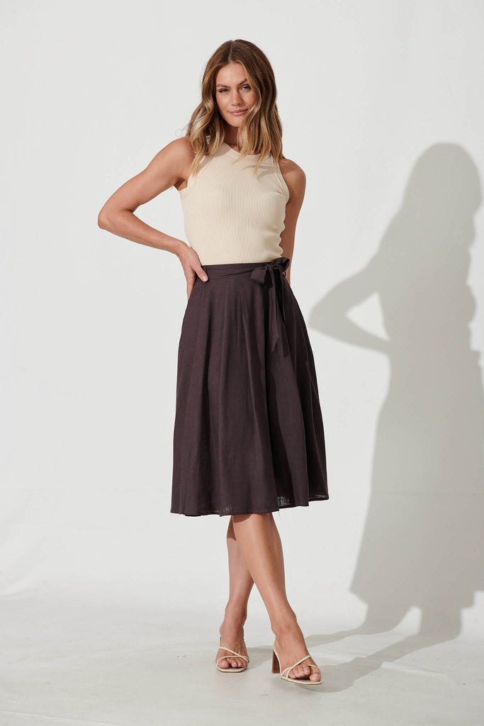 Bailey Midi Skirt In Slate Grey Linen - full length