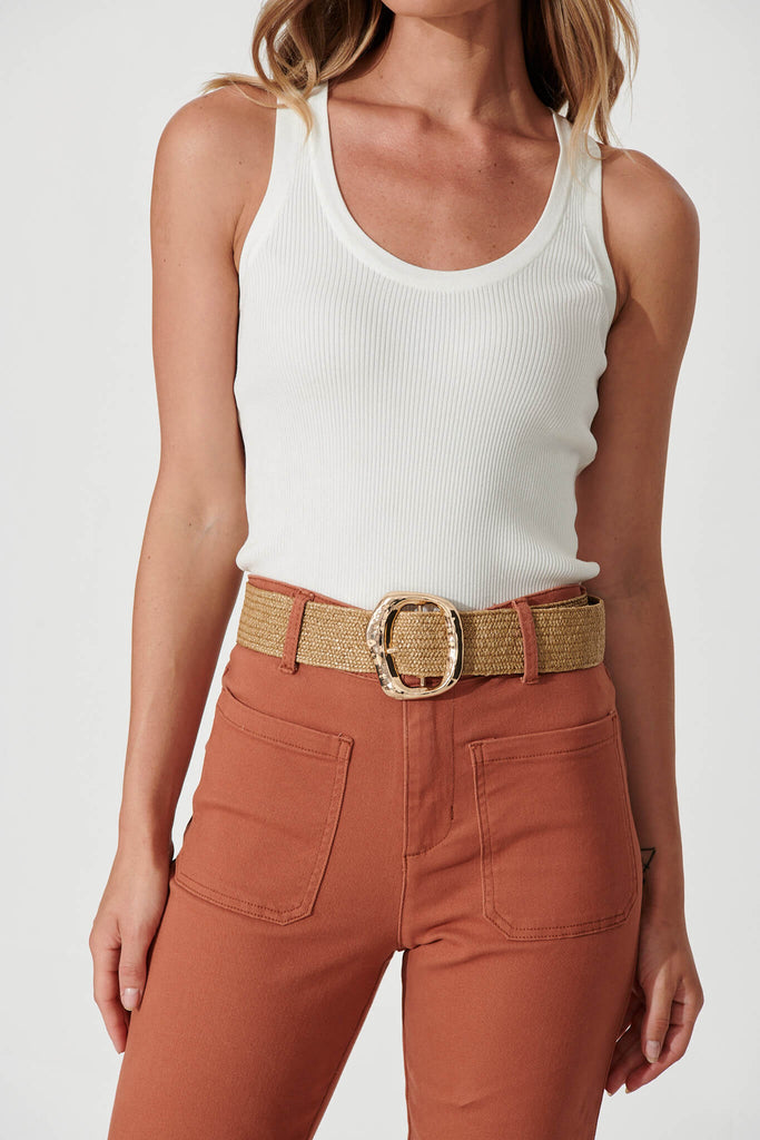 August + Delilah Taryn Stretch Belt In Brown With Gold Buckle - front